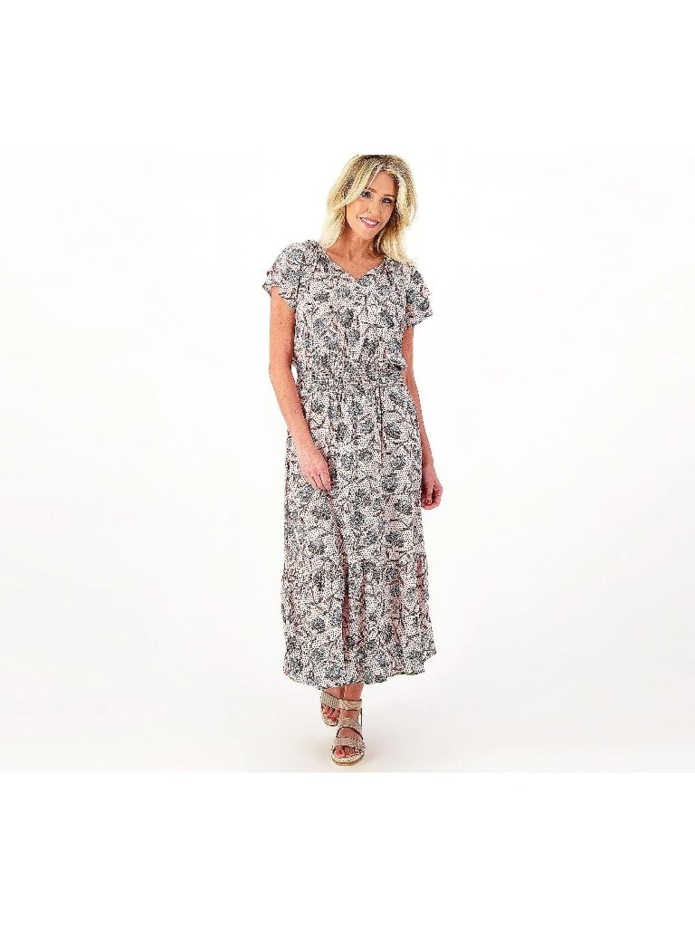 Destination 365 Dress Medium Smocking Printed Short Sleeve Midi Pink NEW